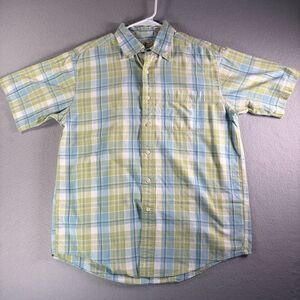 Men’s LL Bean Mint Green & Gray Plaid Button Up Short Sleeve Fishing Shirt SZ. M